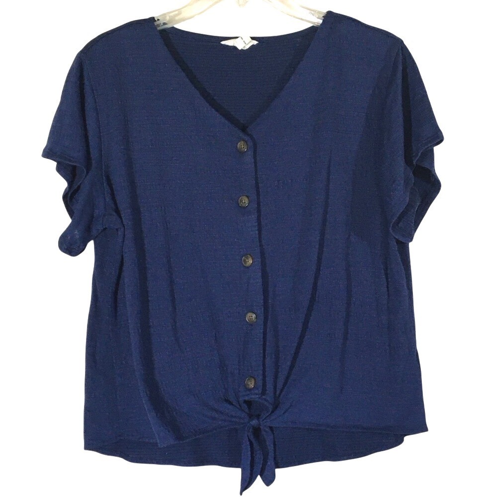 Weatherproof Vintage Button Front Tie Hem Top Size Large Navy Blue